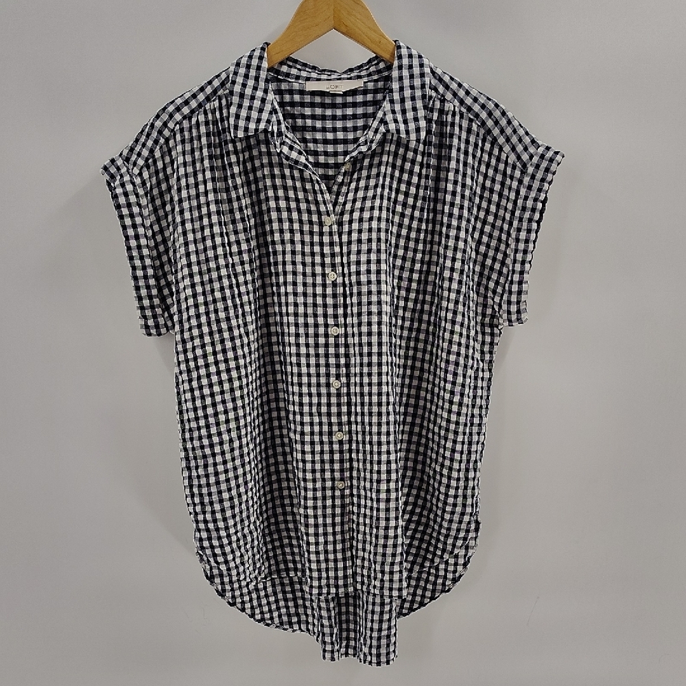 LOFT Button Down Size Large Navy White Gingham Ch… - image 1